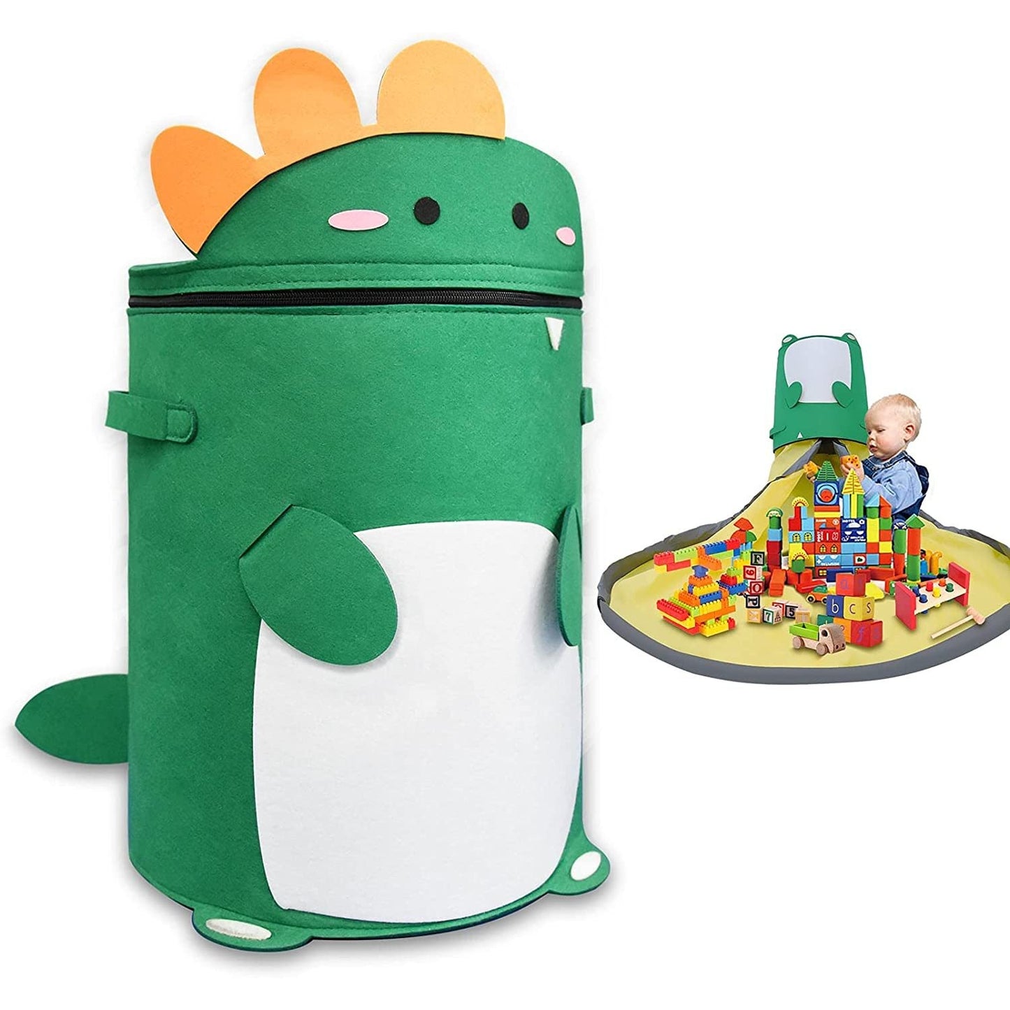 Cutie de Depozitare 2In1, selexmo, Impermeabila, Covor pentru Jucarii si Lego 150cm, Capacitate Mare, cu Manere, cu Sfori, Inaltime 40cm, Model Dinozaur, Verde
