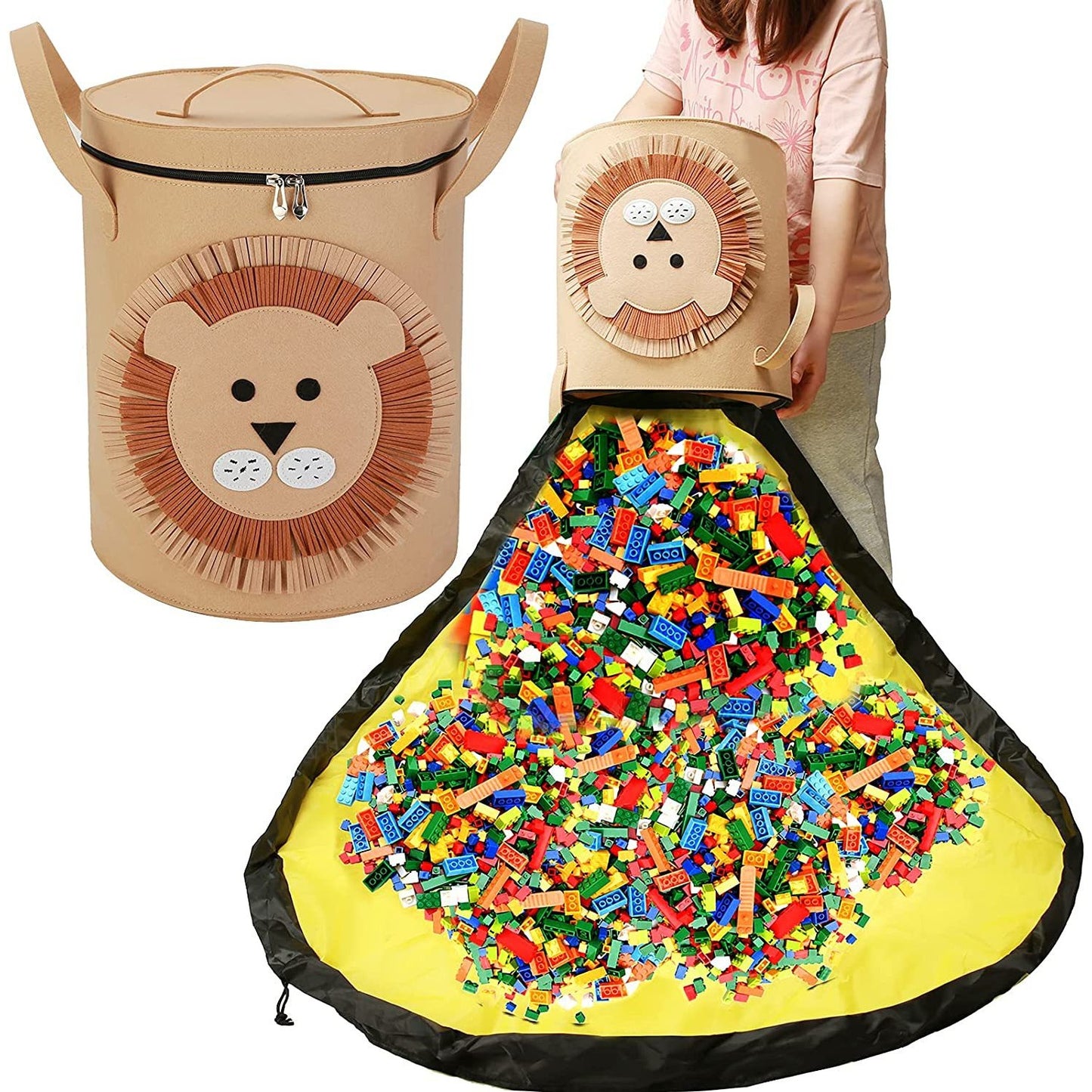 Cutie de Depozitare 2In1, selexmo, Impermeabila, Covor pentru Jucarii si Lego 150cm, Capacitate Mare, cu Manere, cu Sfori, Inaltime 40cm, Model Leu, Maro