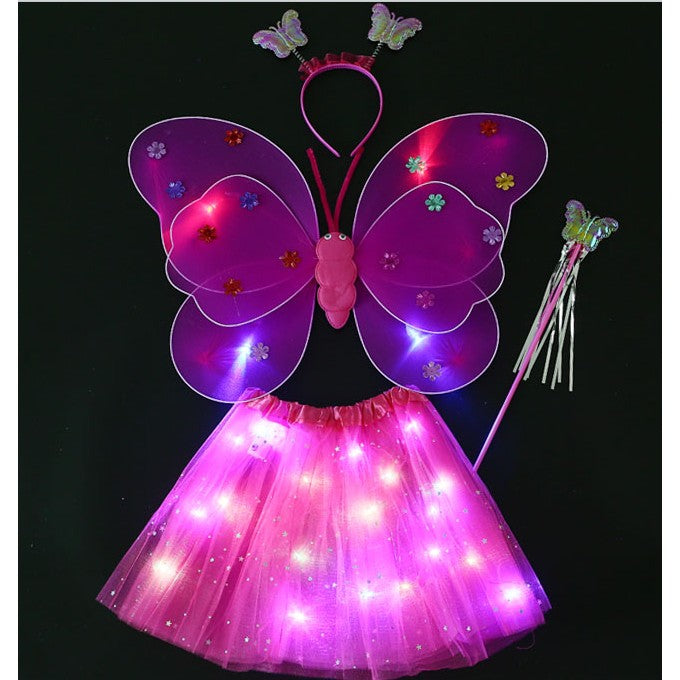 Costum Fluturaș cu Aripi Modelabile Luminoase pentru Copii, Fustă din Tul cu Lumini, Baghetă și Bentiță, 4 Piese – Ideal pentru Halloween, Cosplay, Crăciun, Carnaval, Paște sau Ziua Copilului