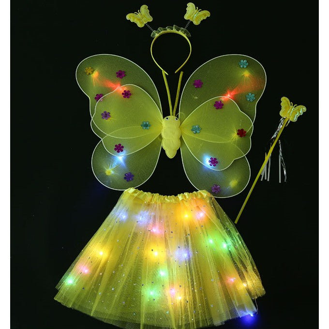 Costum Fluturaș cu Aripi Modelabile Luminoase pentru Copii, Fustă din Tul cu Lumini, Baghetă și Bentiță, 4 Piese – Ideal pentru Halloween, Cosplay, Crăciun, Carnaval, Paște sau Ziua Copilului