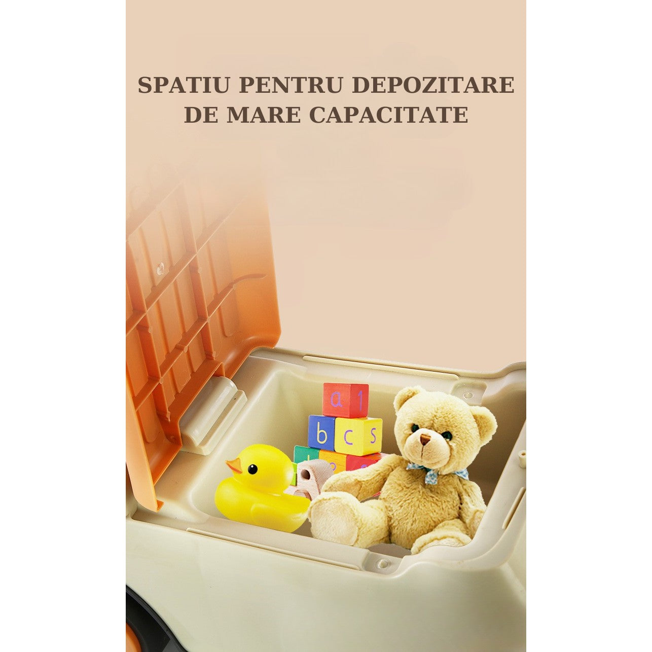 Masinuta Ride-On, cu Sistem Anti-Rasturnare, Sistem de Lumini si Muzica, Cutie de Depozitare, 1-6 Ani, 58 x 28 x 37 cm, Maro