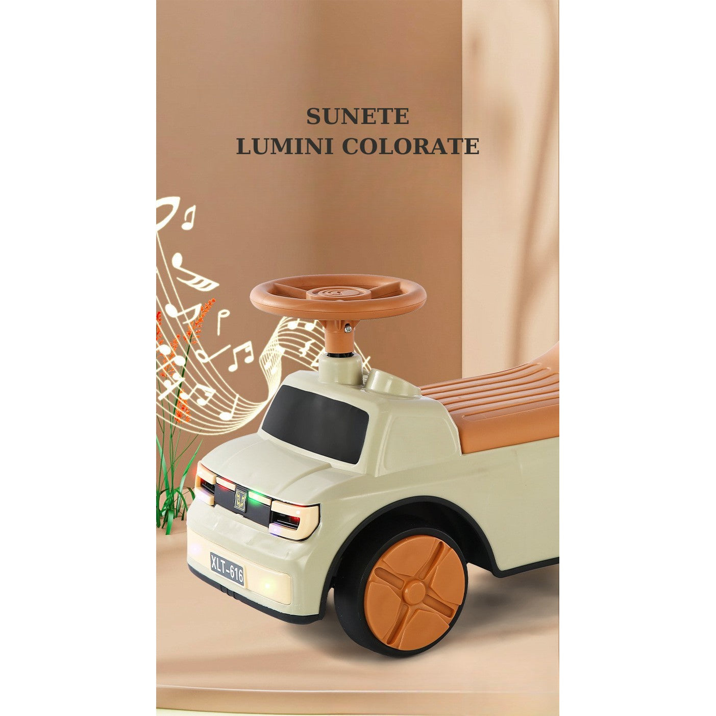 Masinuta Ride-On, cu Sistem Anti-Rasturnare, Sistem de Lumini si Muzica, Cutie de Depozitare, 1-6 Ani, 58 x 28 x 37 cm, Maro