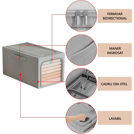 Cutie de Depozitare, selexmo, 31L, din In si Bumbac, Pliabila, Cadru din Otel, 45 x 30 x 23 cm, Albastru Fumuriu