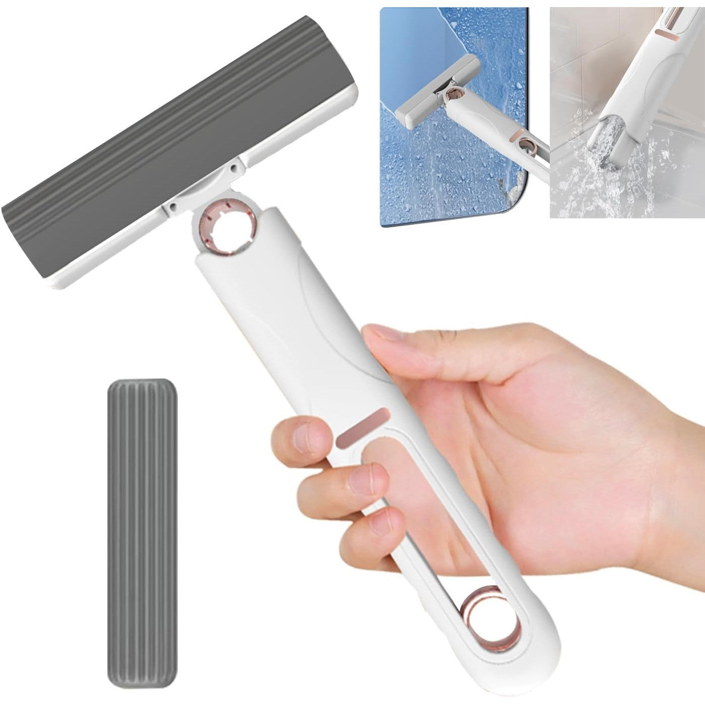 Mop de Mana selexmo, Mini-Portabil, cu Sistem de Stoarcere, Dispozitiv de Curatat Manual, cu Burete Absorbant, din PVA, 29.5 x 15.5 cm, 2 Rezerve, Alb