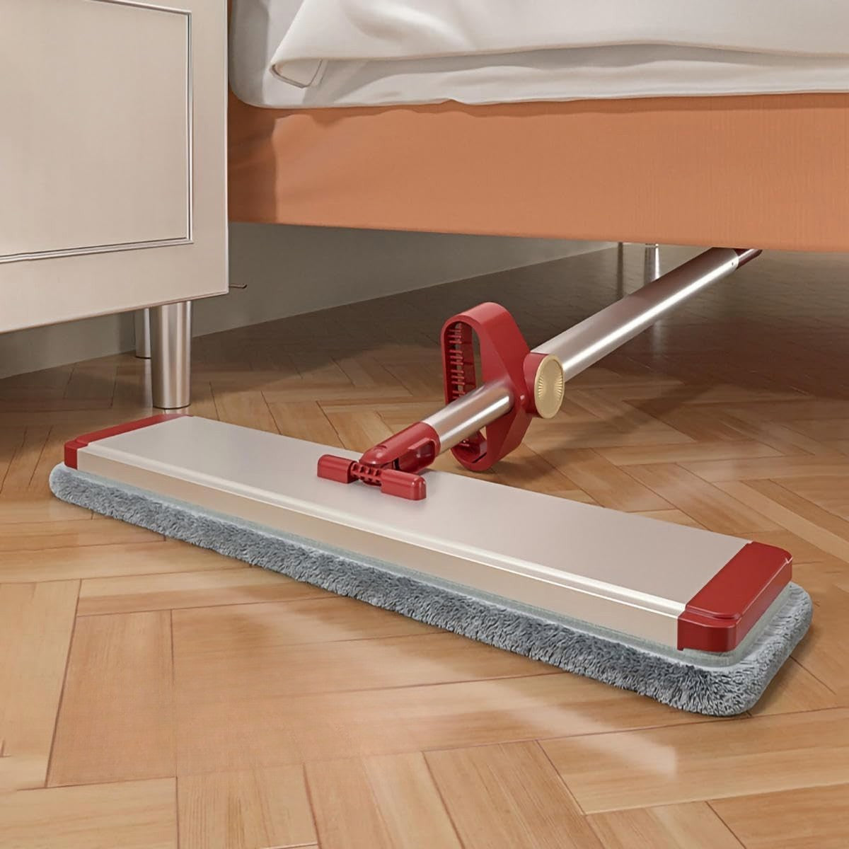 Mop Plat cu Laveta din Microfibra, selexmo, Pentru Uz Casnic, cu 2 Lavete Incluse, Sistem de Stoarcere, Tija Telescopica 130 cm, Rotire 360°, 42 x 130 cm, Rosu