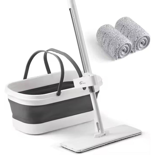 Mop Plat, selexmo, cu Galeata Pliabila, 2 Rezerve din Microfibra, 127 cm Tija Telescopica, Utilizare Umeda/Uscata, Recipient Lichid, Gri