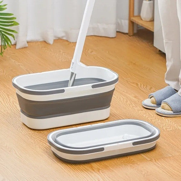 Mop Plat, selexmo, cu Galeata Pliabila, 2 Rezerve din Microfibra, 127 cm Tija Telescopica, Utilizare Umeda/Uscata, Recipient Lichid, Gri