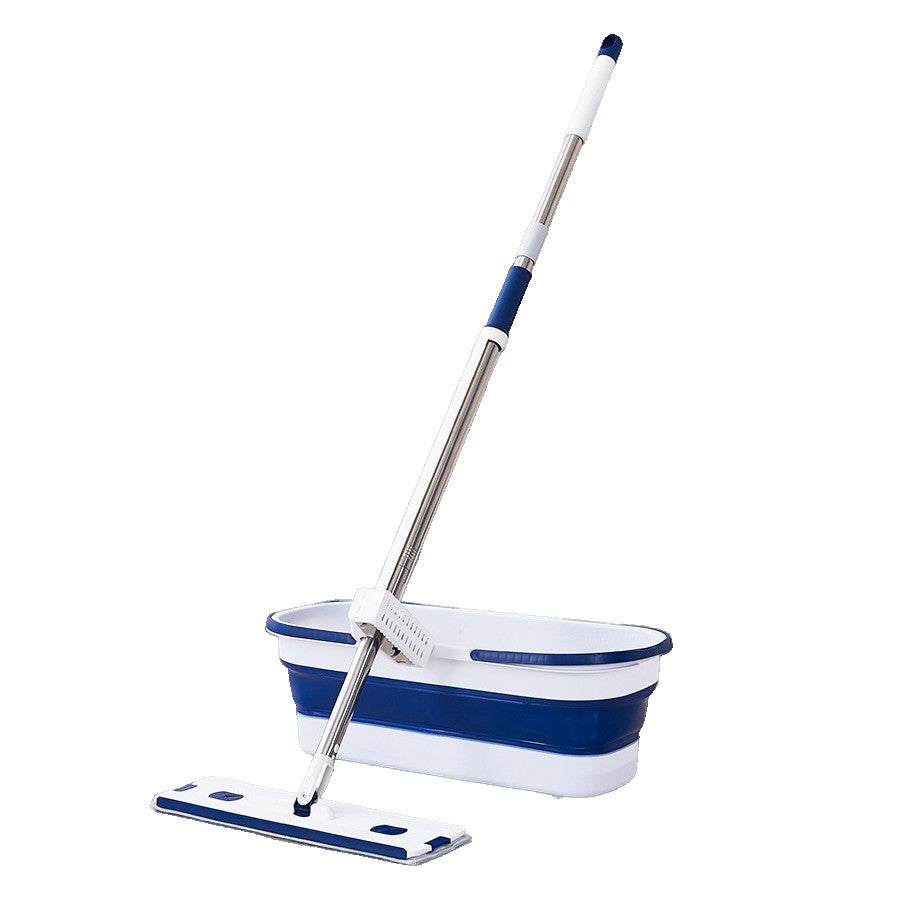Mop Plat, selexmo, cu Galeata Pliabila, 2 Rezerve din Microfibra, 127 cm Tija Telescopica, Utilizare Umeda/Uscata, Recipient Lichid, Albastru