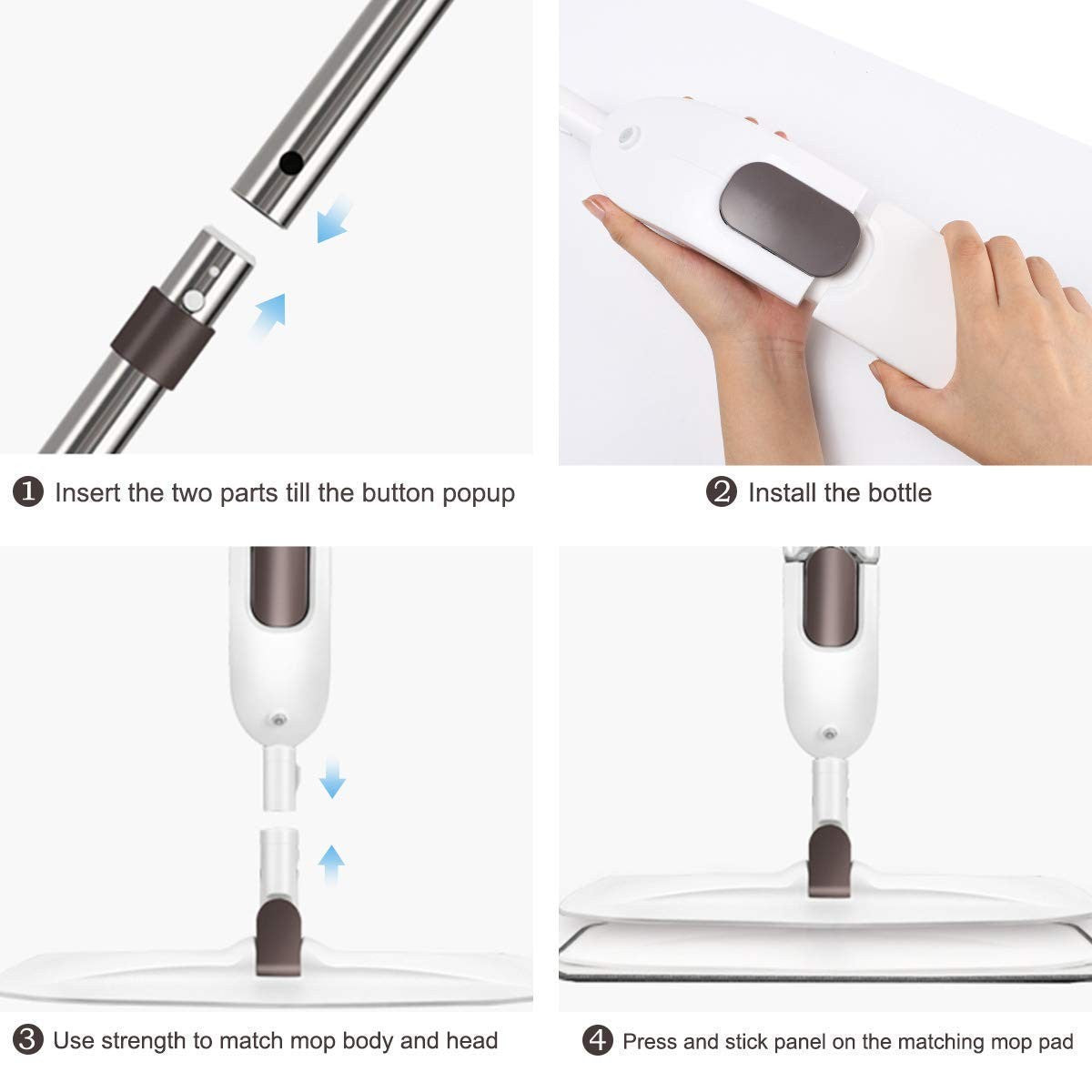 Mop plat, selexmo, cu pulverizator, pentru uz casnic, plastic, rezerva de mop din microfibra, 125x40 cm, Alb/Mov