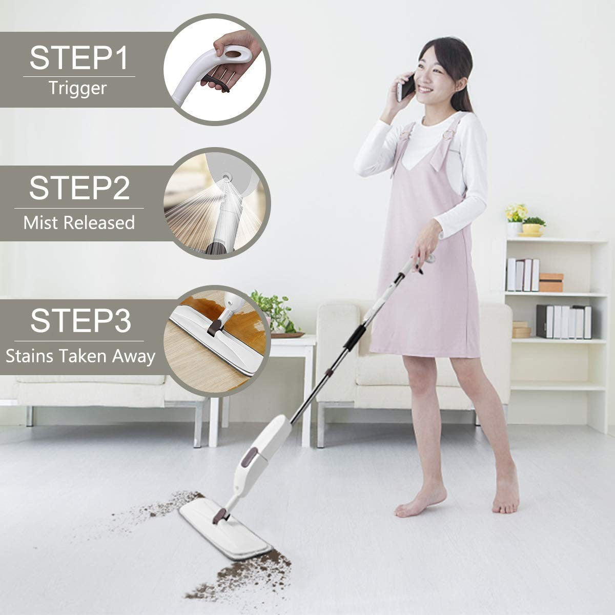 Mop plat, selexmo, cu pulverizator, pentru uz casnic, plastic, rezerva de mop din microfibra, 125x40 cm, Alb/Mov