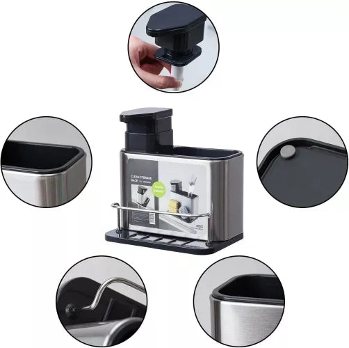 Organizator Chiuveta din Otel Inoxidabil, cu Dispenser de Sapun Lichid 300ml si Suport Burete – Practic, Elegant si Durabil