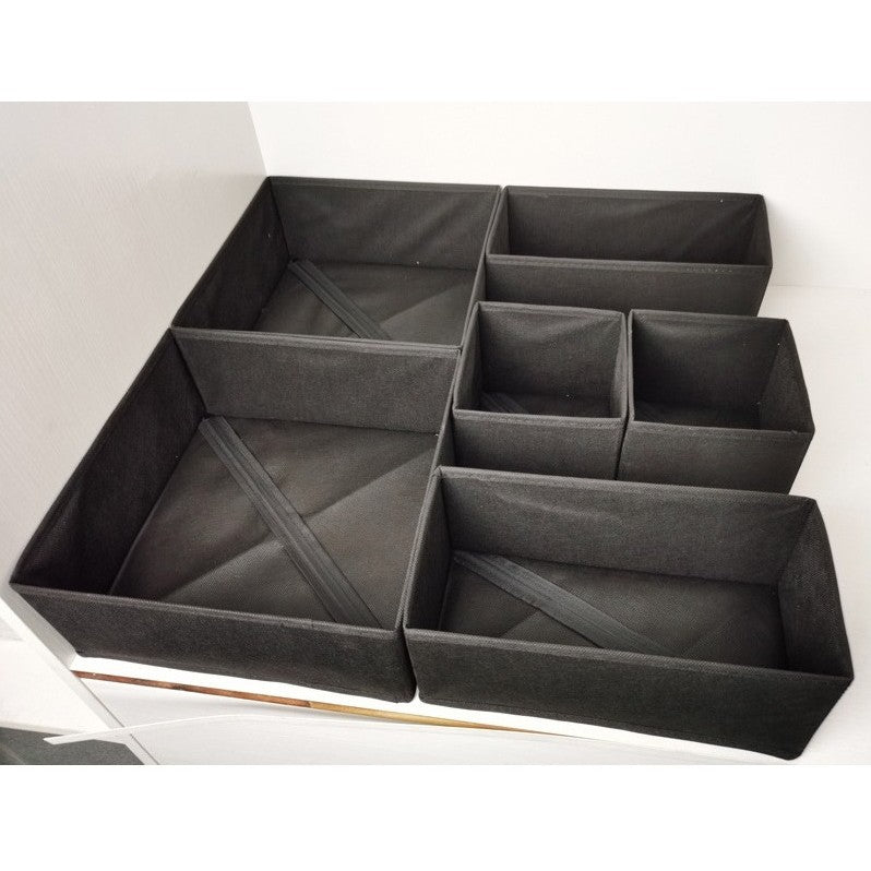 Organizator pentru Sertar, selexmo, 3 Marimi, pentru Lenjerie, Tricouri, Sosete, 6 Piese, Pliabil, Stivuibil, din Tesatura, Negru