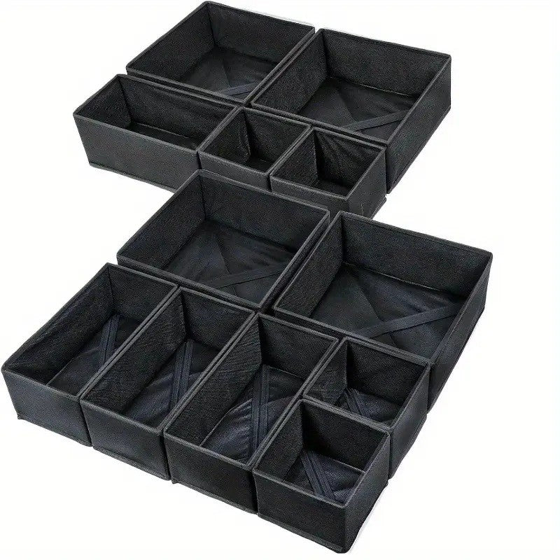 Organizator pentru Sertar, selexmo, 3 Marimi, pentru Lenjerie, Tricouri, Sosete, 6 Piese, Pliabil, Stivuibil, din Tesatura, Negru