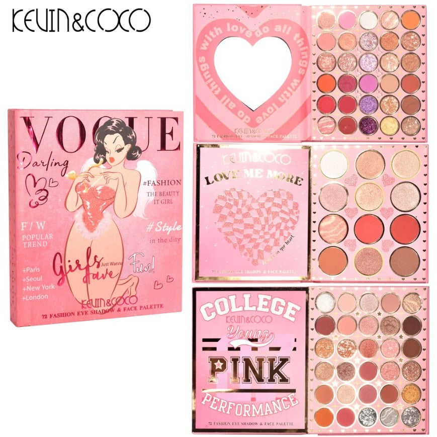 Paleta de Farduri Kevin&Coco, 72 culori, Stil Carte, 3 Straturi, Pudra Compacta, Clasic, Fara Sulfati, 14 x 14 cm, 90 g, multicolor