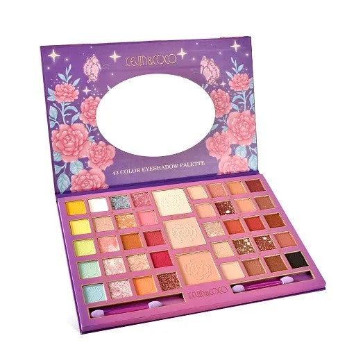 Paleta Farduri Flippy, Kevin&Coco Varianta 1, 43 Culori, Farduri Mate si Sidefate, Pudra si Iluminator, 2 Aplicatoare Incluse, Dreptunghiulara, 400 g,  27.3 x 17.8 x 1.3 cm, Valabilitate 3 Ani, Multicolor