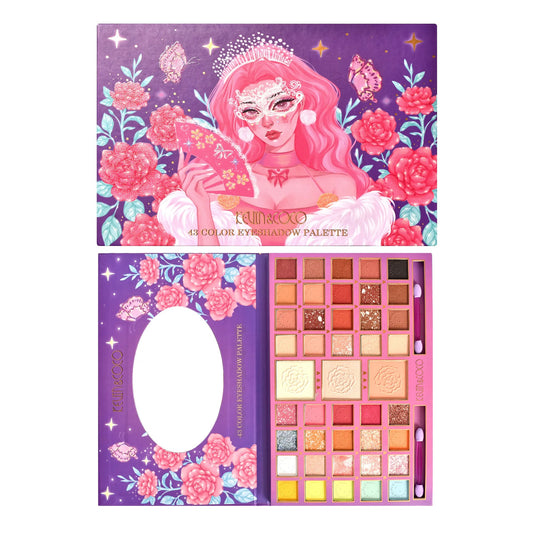 Paleta Farduri Flippy, Kevin&Coco Varianta 1, 43 Culori, Farduri Mate si Sidefate, Pudra si Iluminator, 2 Aplicatoare Incluse, Dreptunghiulara, 400 g,  27.3 x 17.8 x 1.3 cm, Valabilitate 3 Ani, Multicolor