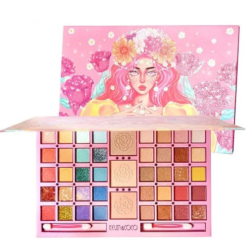 Paleta Farduri Flippy, Kevin&Coco Varianta 2, 43 Culori, Farduri Mate si Sidefate, Pudra si Iluminator, 2 Aplicatoare Incluse, Dreptunghiulara, 400 g,  27.3 x 17.8 x 1.3 cm, Valabilitate 3 Ani, Multicolor