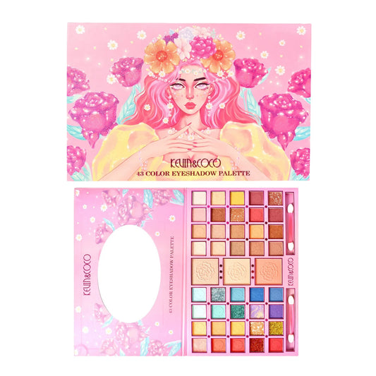 Paleta Farduri Flippy, Kevin&Coco Varianta 2, 43 Culori, Farduri Mate si Sidefate, Pudra si Iluminator, 2 Aplicatoare Incluse, Dreptunghiulara, 400 g,  27.3 x 17.8 x 1.3 cm, Valabilitate 3 Ani, Multicolor