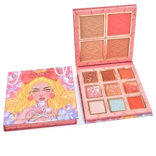 Paleta Farduri Flippy, Kevin&Coco Varianta 2, 13 culori, Iluminator si Blush Inclus, Patrata, 120 g, 10.9 x 10.9 x 1.7 cm, Valabilitate 3 Ani, Multicolor