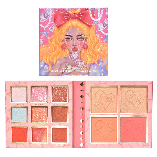 Paleta Farduri Flippy, Kevin&Coco Varianta 2, 13 culori, Iluminator si Blush Inclus, Patrata, 120 g, 10.9 x 10.9 x 1.7 cm, Valabilitate 3 Ani, Multicolor