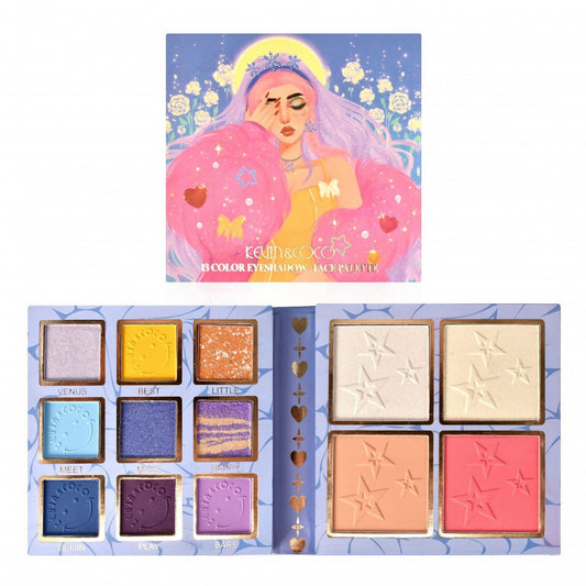 Paleta Farduri Flippy, Kevin&Coco Varianta 1, 13 culori, Iluminator si Blush Inclus, Patrata, 120 g, 10.9 x 10.9 x 1.7 cm, Valabilitate 3 Ani, Multicolor