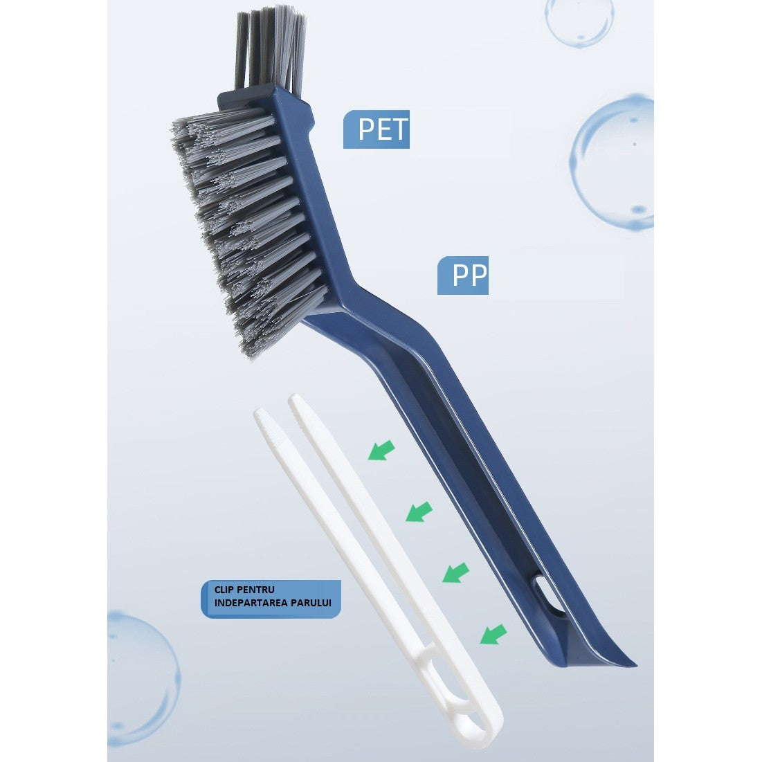 Perie 3in1 de Curatat Podele si Rosturi, selexmo, Lungime Maner 28 cm, Peri din PP, Otel si Plastic, Cleste pentru Scame si Par Inclus, Albastru