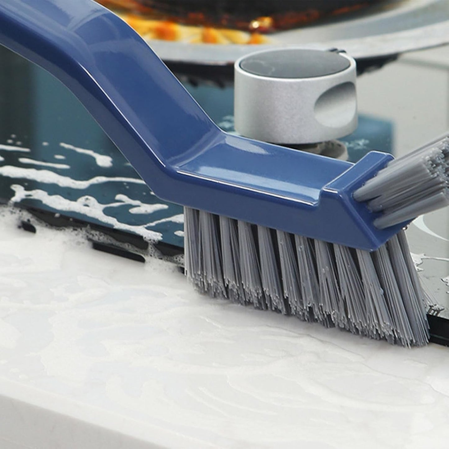 Perie 3in1 de Curatat Podele si Rosturi, selexmo, Lungime Maner 28 cm, Peri din PP, Otel si Plastic, Cleste pentru Scame si Par Inclus, Albastru
