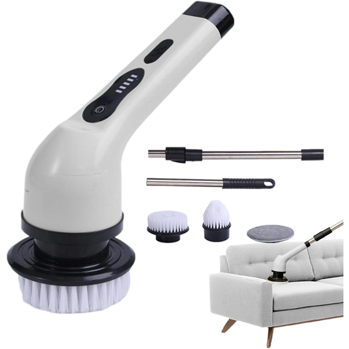 Perie Electrica de Curatare, selexmo, pentru Gresie, Baie, Bucatarie, 25x20x9.5 cm, cu 6 Capete, Maner Extensibil Detasabil 84-127cm, Incarcare USB-Type C, Rotire 360 de Grade, 3000 mAh, Culoare: Alb