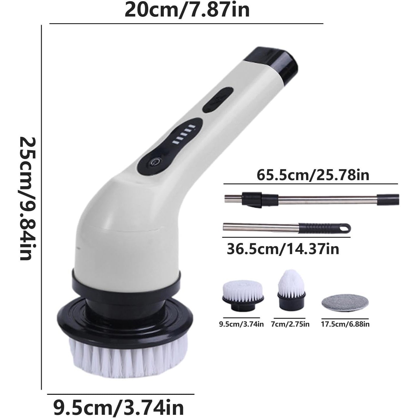 Perie Electrica de Curatare, selexmo, pentru Gresie, Baie, Bucatarie, 25x20x9.5 cm, cu 6 Capete, Maner Extensibil Detasabil 84-127cm, Incarcare USB-Type C, Rotire 360 de Grade, 3000 mAh, Culoare: Alb