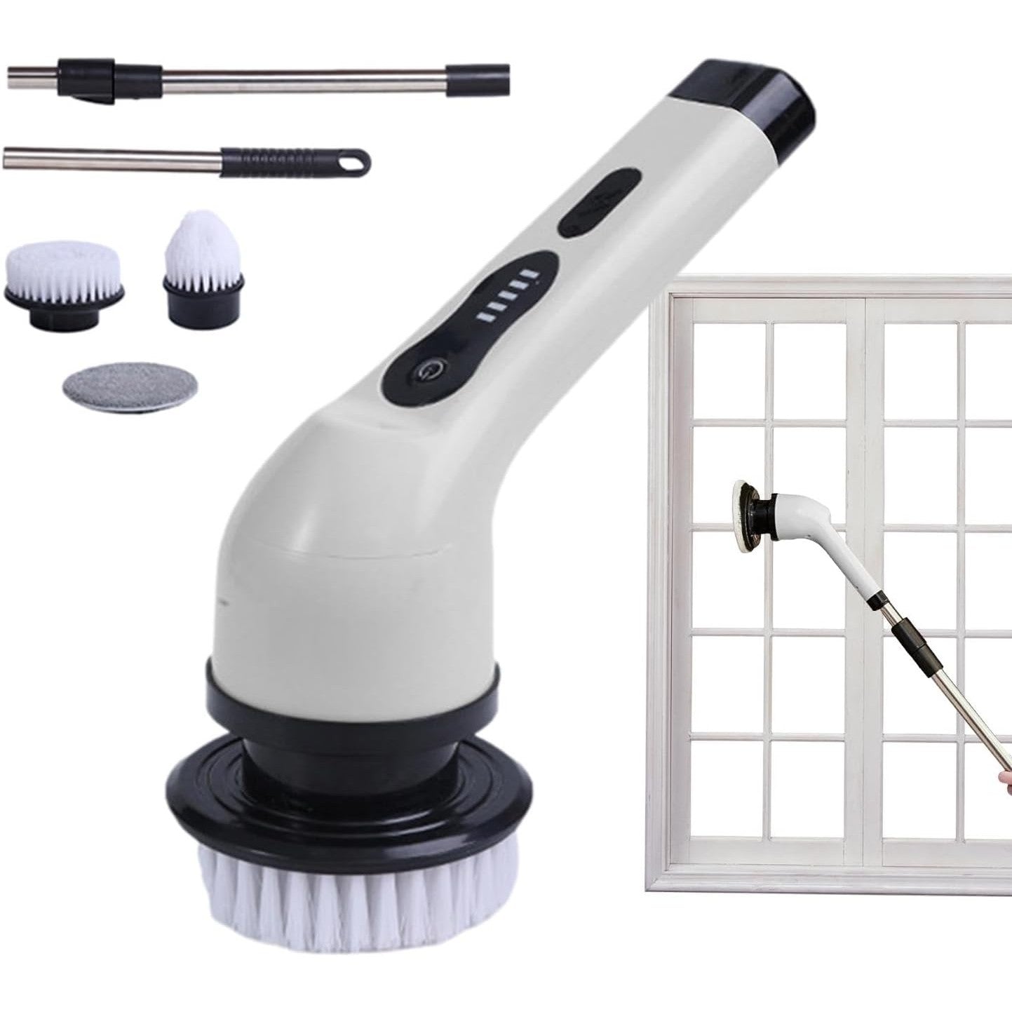 Perie Electrica de Curatare, selexmo, pentru Gresie, Baie, Bucatarie, 25x20x9.5 cm, cu 6 Capete, Maner Extensibil Detasabil 84-127cm, Incarcare USB-Type C, Rotire 360 de Grade, 3000 mAh, Culoare: Alb