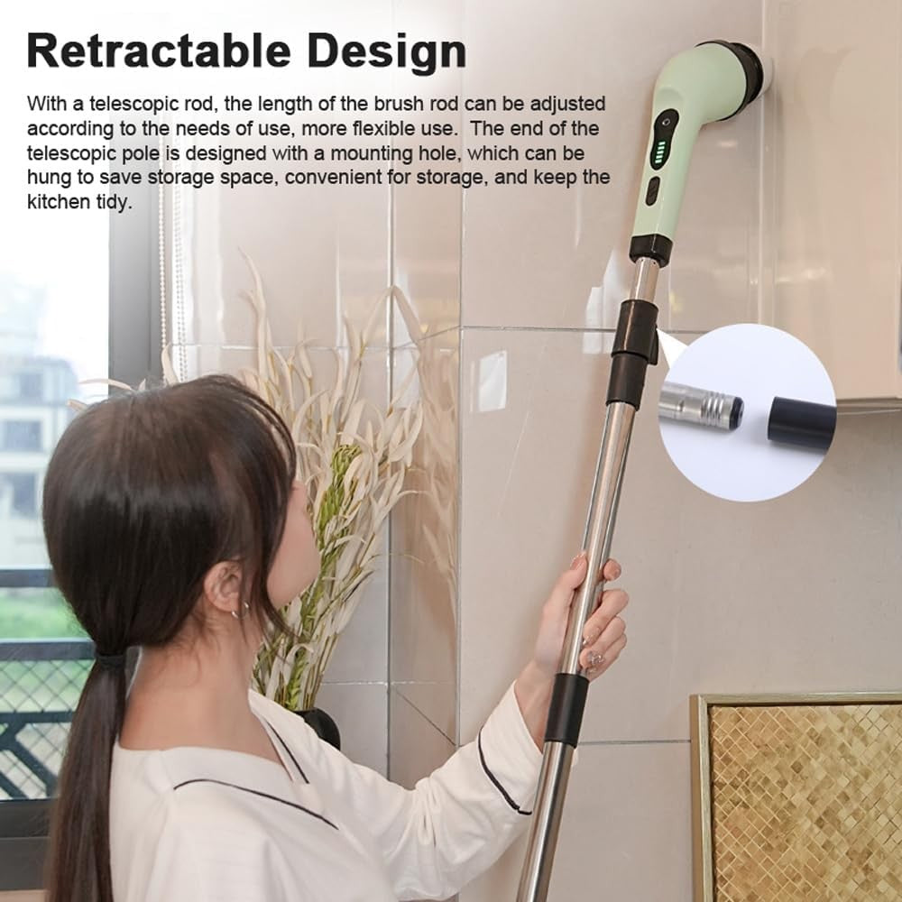 Perie Electrica de Curatare, selexmo, pentru Gresie, Baie, Bucatarie, 25x20x9.5 cm, cu 6 Capete, Maner Extensibil Detasabil 84-127cm, Incarcare USB-Type C, Rotire 360 de Grade, 3000 mAh, Culoare: Verde