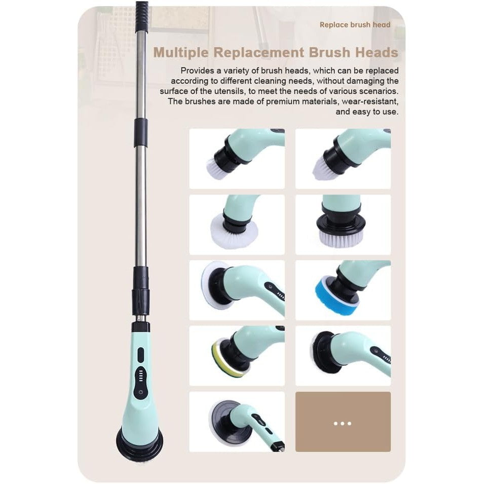 Perie Electrica de Curatare, selexmo, pentru Gresie, Baie, Bucatarie, 25x20x9.5 cm, cu 6 Capete, Maner Extensibil Detasabil 84-127cm, Incarcare USB-Type C, Rotire 360 de Grade, 3000 mAh, Culoare: Verde