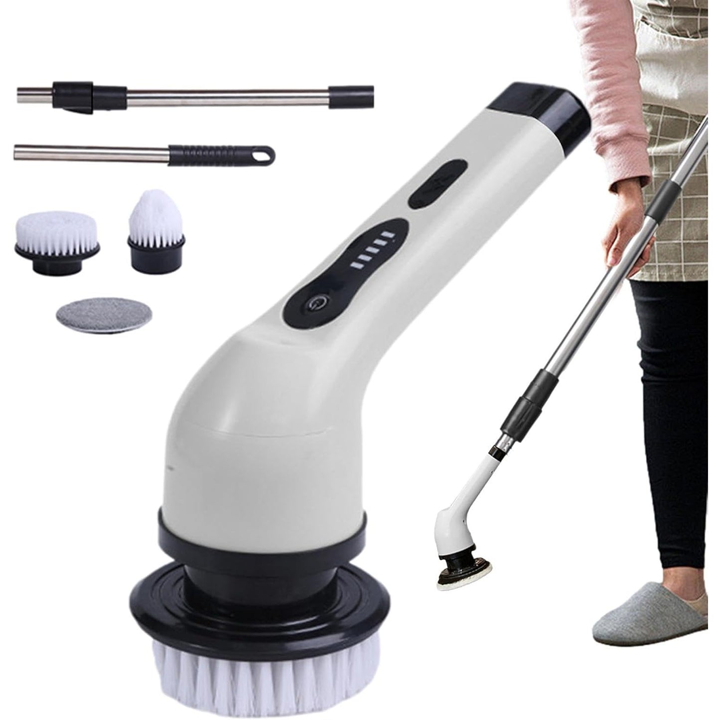Perie Electrica de Curatare, selexmo, pentru Gresie, Baie, Bucatarie, 25x20x9.5 cm, cu 9 Capete, Maner Extensibil Detasabil 84-127cm, Incarcare USB-Type C, Rotire 360 de Grade, 3000 mAh, Culoare: Alb