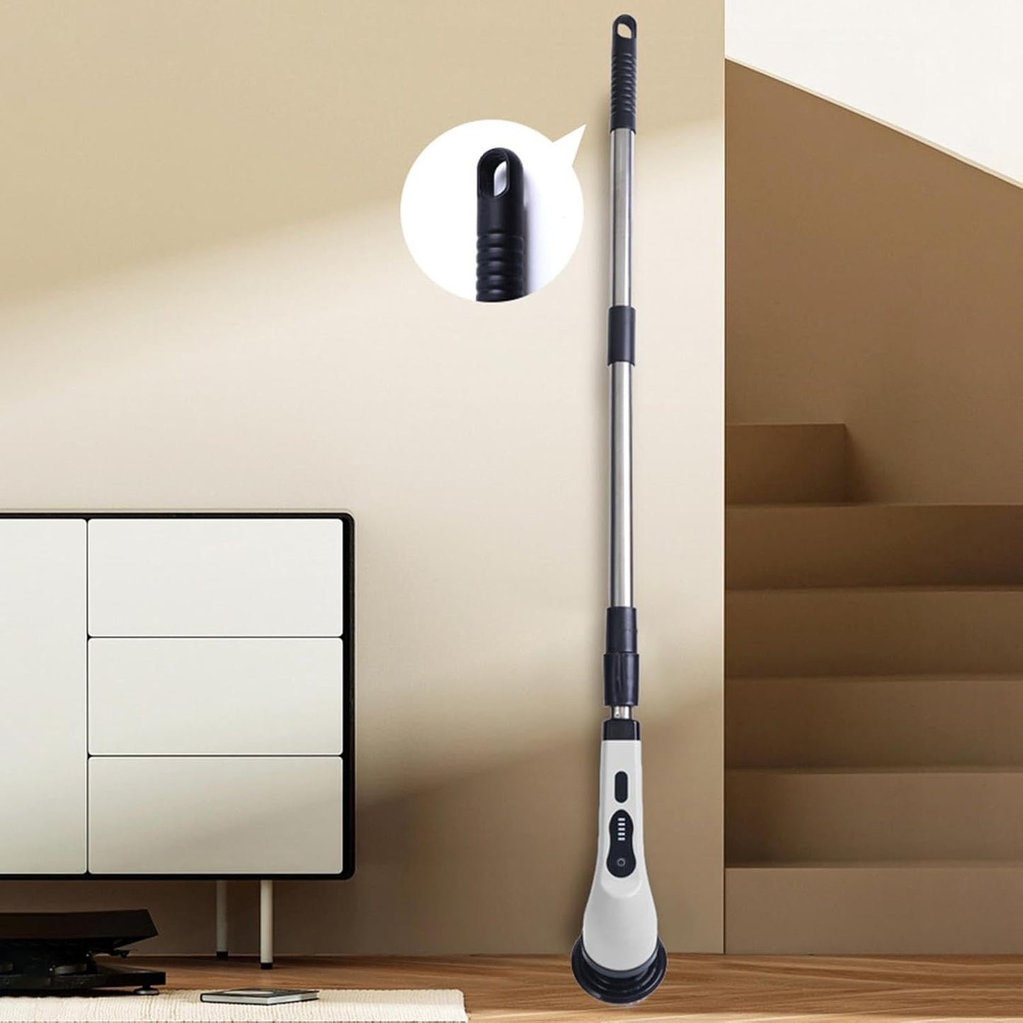 Perie Electrica de Curatare, selexmo, pentru Gresie, Baie, Bucatarie, 25x20x9.5 cm, cu 9 Capete, Maner Extensibil Detasabil 84-127cm, Incarcare USB-Type C, Rotire 360 de Grade, 3000 mAh, Culoare: Alb