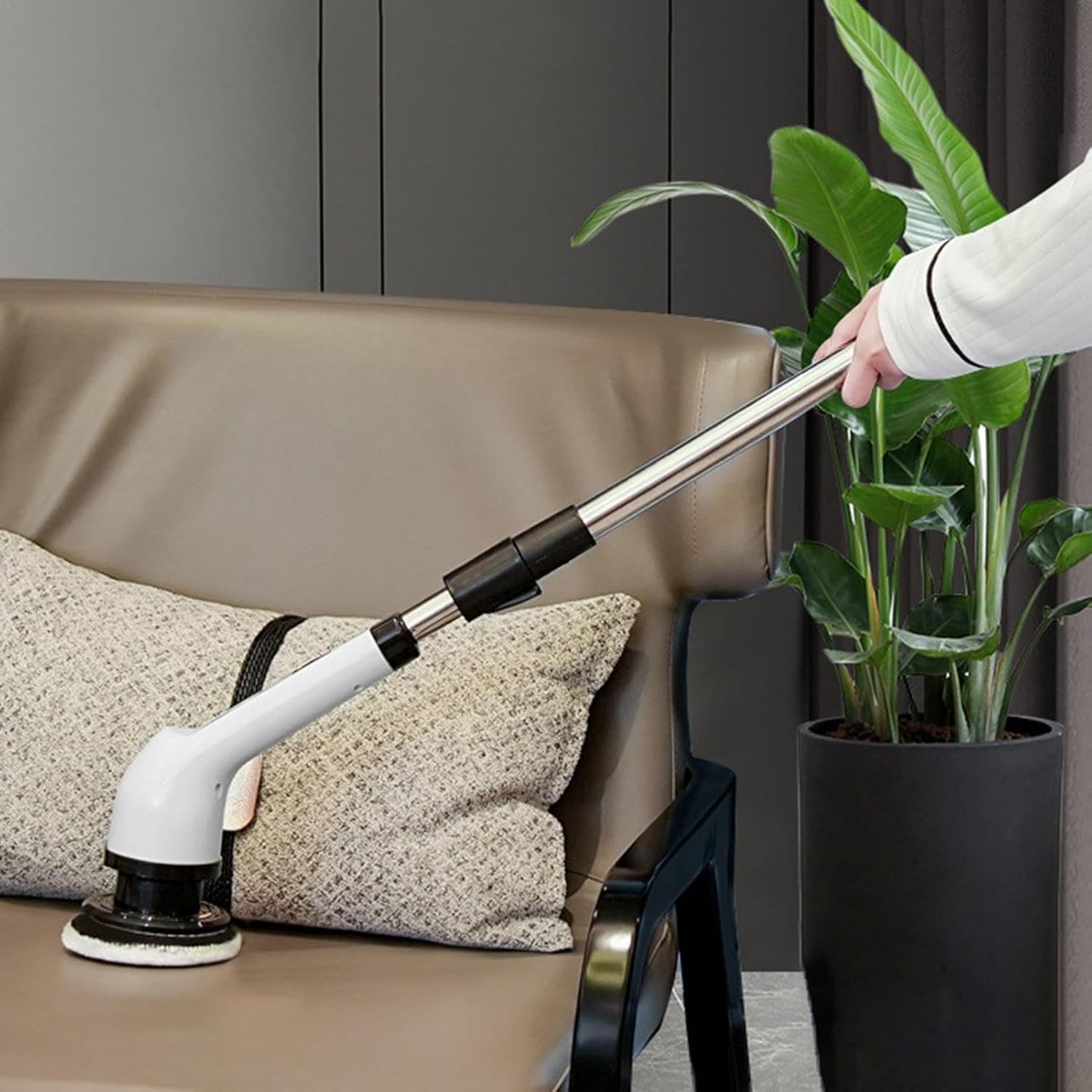 Perie Electrica de Curatare, selexmo, pentru Gresie, Baie, Bucatarie, 25x20x9.5 cm, cu 9 Capete, Maner Extensibil Detasabil 84-127cm, Incarcare USB-Type C, Rotire 360 de Grade, 3000 mAh, Culoare: Alb