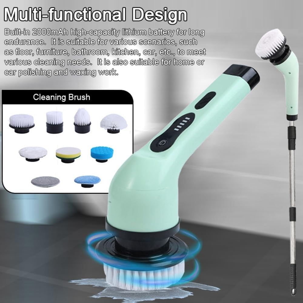 Perie Electrica de Curatare, selexmo, pentru Gresie, Baie, Bucatarie, 25x20x9.5 cm, cu 9 Capete, Maner Extensibil Detasabil 84-127cm, Incarcare USB-Type C, Rotire 360 de Grade, 3000 mAh, Culoare: Verde