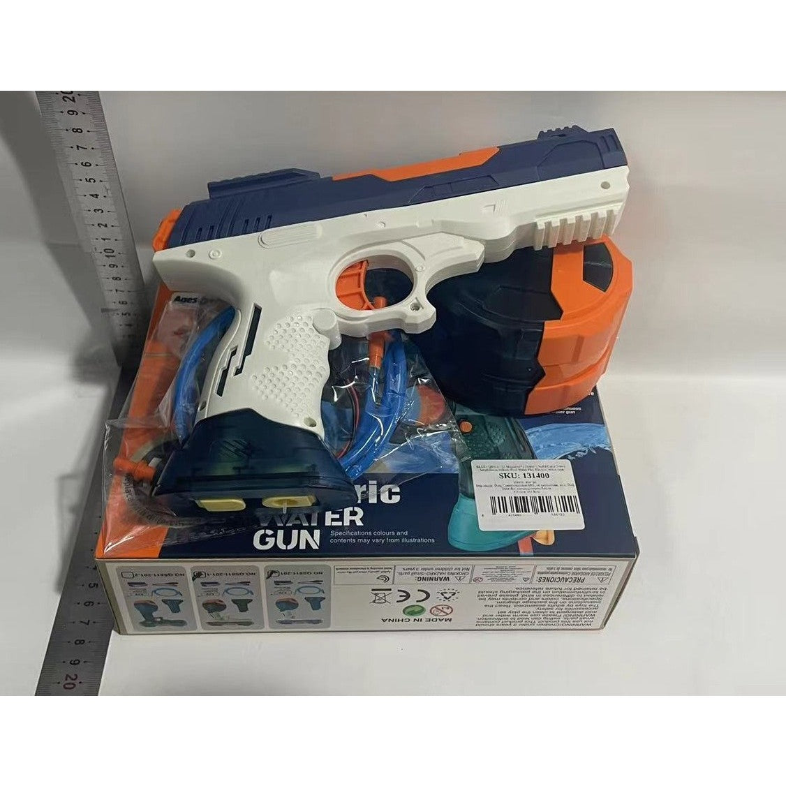 Pistol cu Apa Electric, Selexmo, 2 Rezervoare 75/350 ml, din ABS+Silicon, Baterie, Incarcare USB, Conectare la Furtun, +6 Ani, Albastru