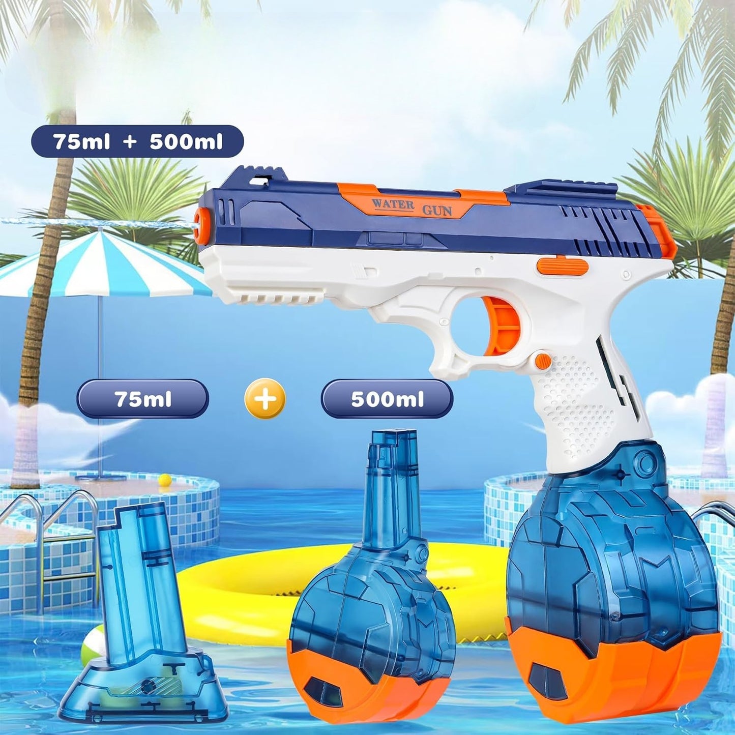 Pistol cu Apa Electric, Selexmo, 2 Rezervoare 75/350 ml, din ABS+Silicon, Baterie, Incarcare USB, Conectare la Furtun, +6 Ani, Albastru