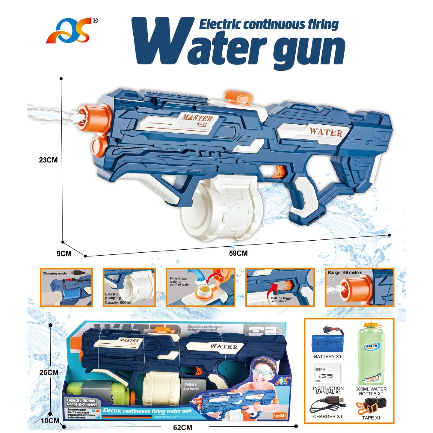 Pistol cu Apa pentru Copii, Rezervor 600ml, Selexmo, 14ani+, cu baterie 1200mAh, Electric Burst, Albastru/Alb, 1000ML