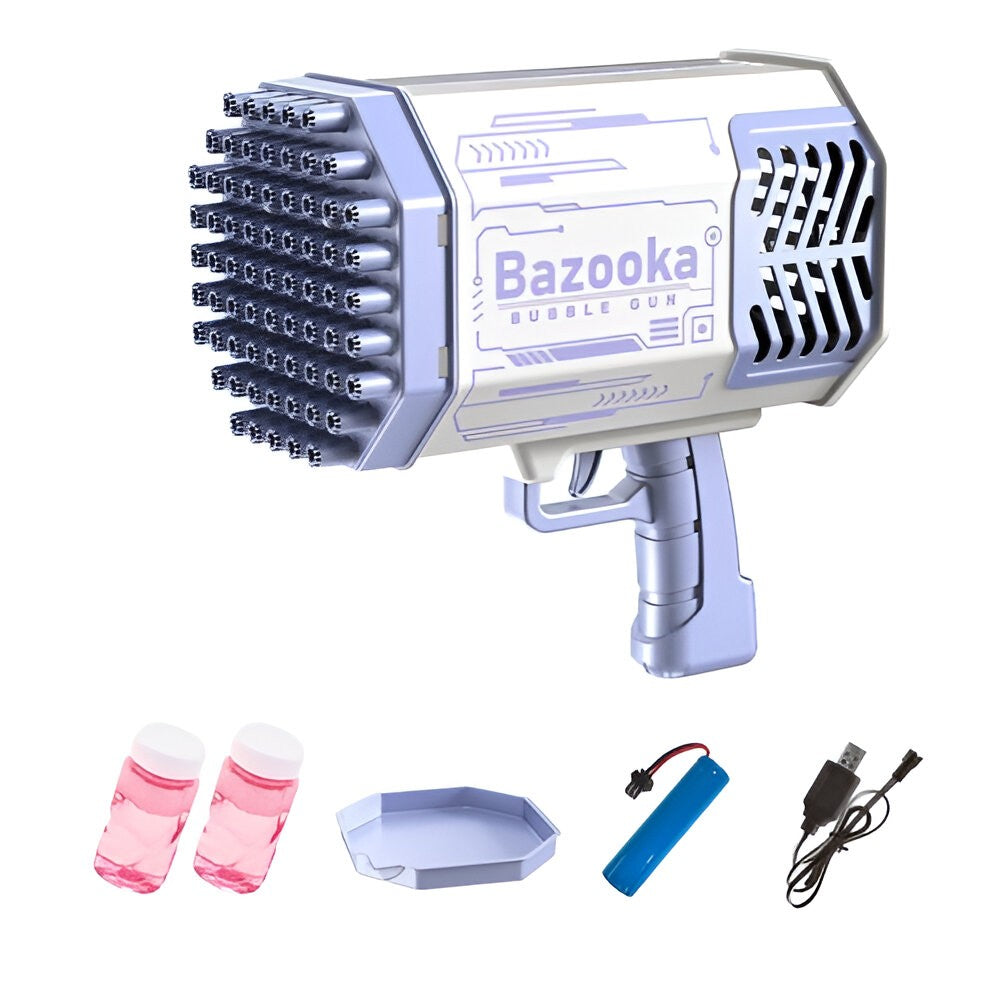 Pistol de Facut Baloane Bubble Gun, tip Bazooka, automat, Lumini Colorate, Tavita, Lichid, Baterie de Li, Cablu de Incarcare