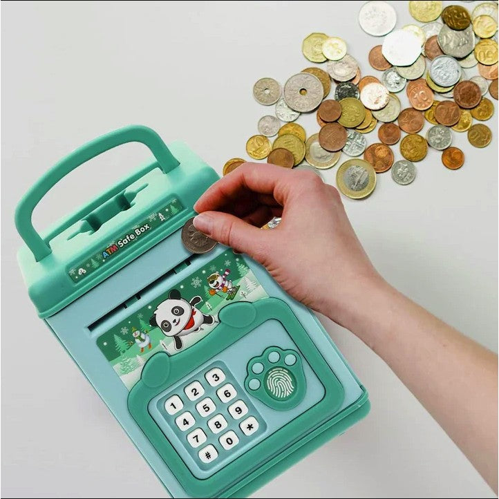 Pusculita pentru Copii, Selexmo, pusculita pentru economii SMART BOX cu efecte sonore, Tip ATM, cu Parola cu Amprenta, din plastic, 20 x 13.5 x 11.5 cm Verde