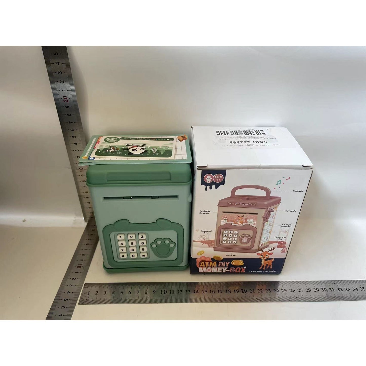 Pusculita pentru Copii, Selexmo, pusculita pentru economii SMART BOX cu efecte sonore, Tip ATM, cu Parola cu Amprenta, din plastic, 20 x 13.5 x 11.5 cm Verde