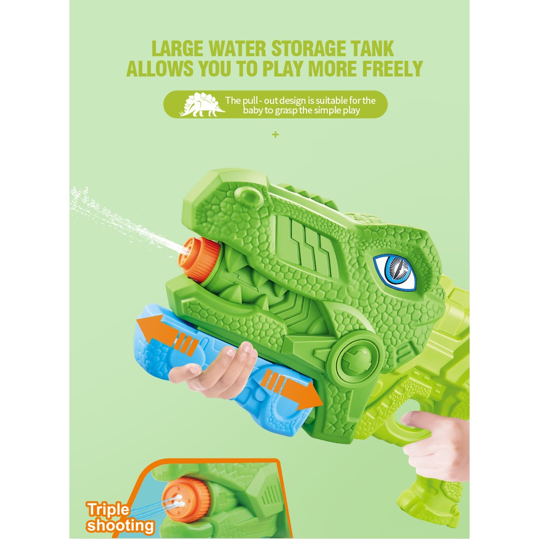 Pistol cu Apa pentru Copii, Rezervor, Pentru Piscina/Plaja, Selexmo, 6ani+, Tiranozaur, 3 duze, Verde, 660ML