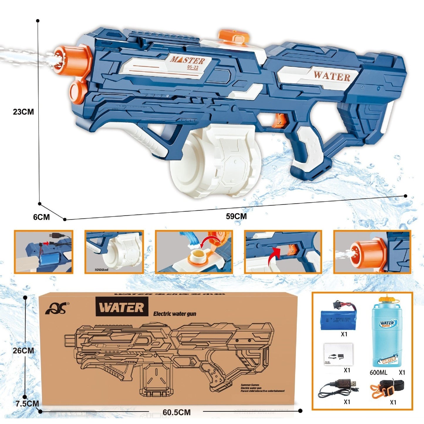 Pistol cu Apa pentru Copii, Rezervor 600ml, Selexmo, 14ani+, cu baterie 1500mAh, Electric Burst, Albastru/Alb, 1000ML