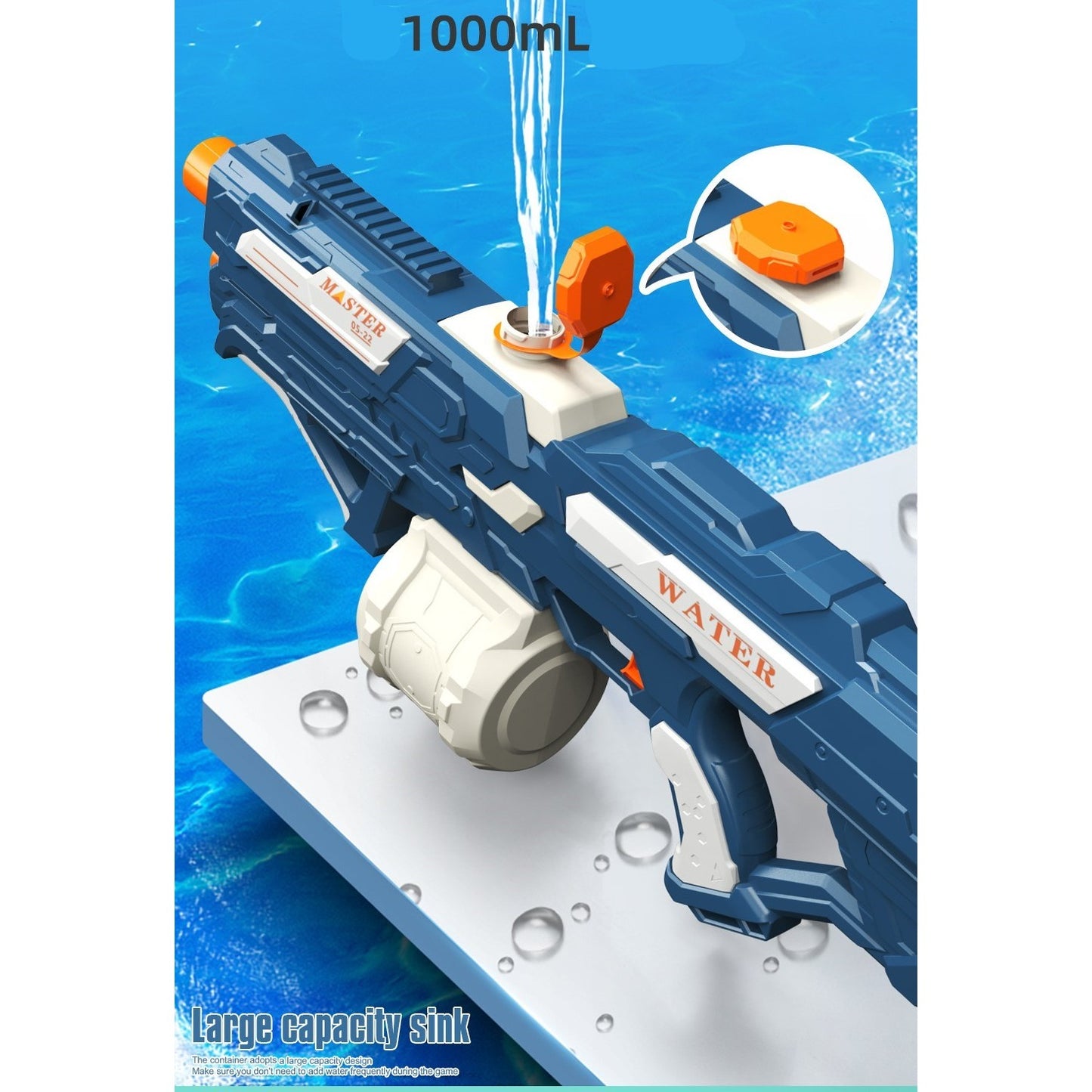 Pistol cu Apa pentru Copii, Rezervor 600ml, Selexmo, 14ani+, cu baterie 1500mAh, Electric Burst, Albastru/Alb, 1000ML