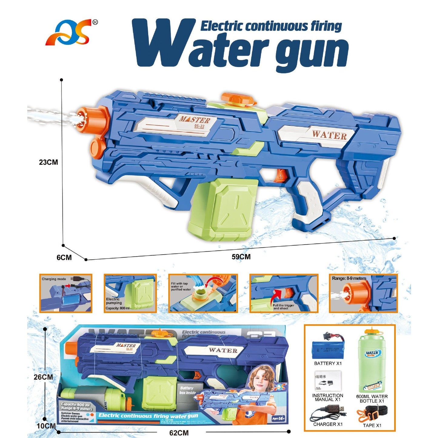 Pistol cu Apa pentru Copii, Rezervor 600ml, Selexmo, 14ani+, cu baterie 1200mAh, Electric Burst, Albastru/Verde, 800ML