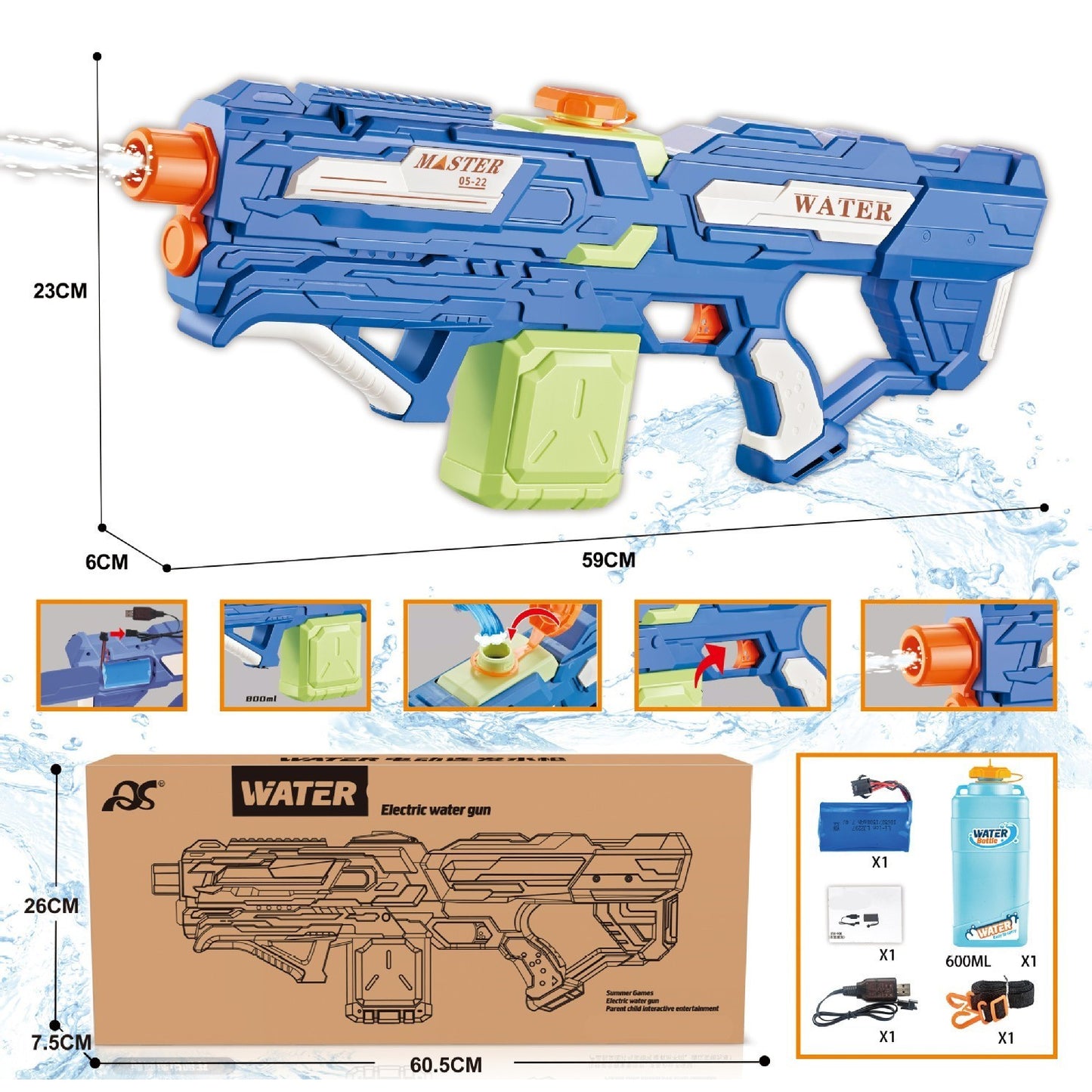 Pistol cu Apa pentru Copii, Rezervor 600ml, Selexmo, 14ani+, cu baterie 1500mAh, Electric Burst, Albastru/Verde, 800ML
