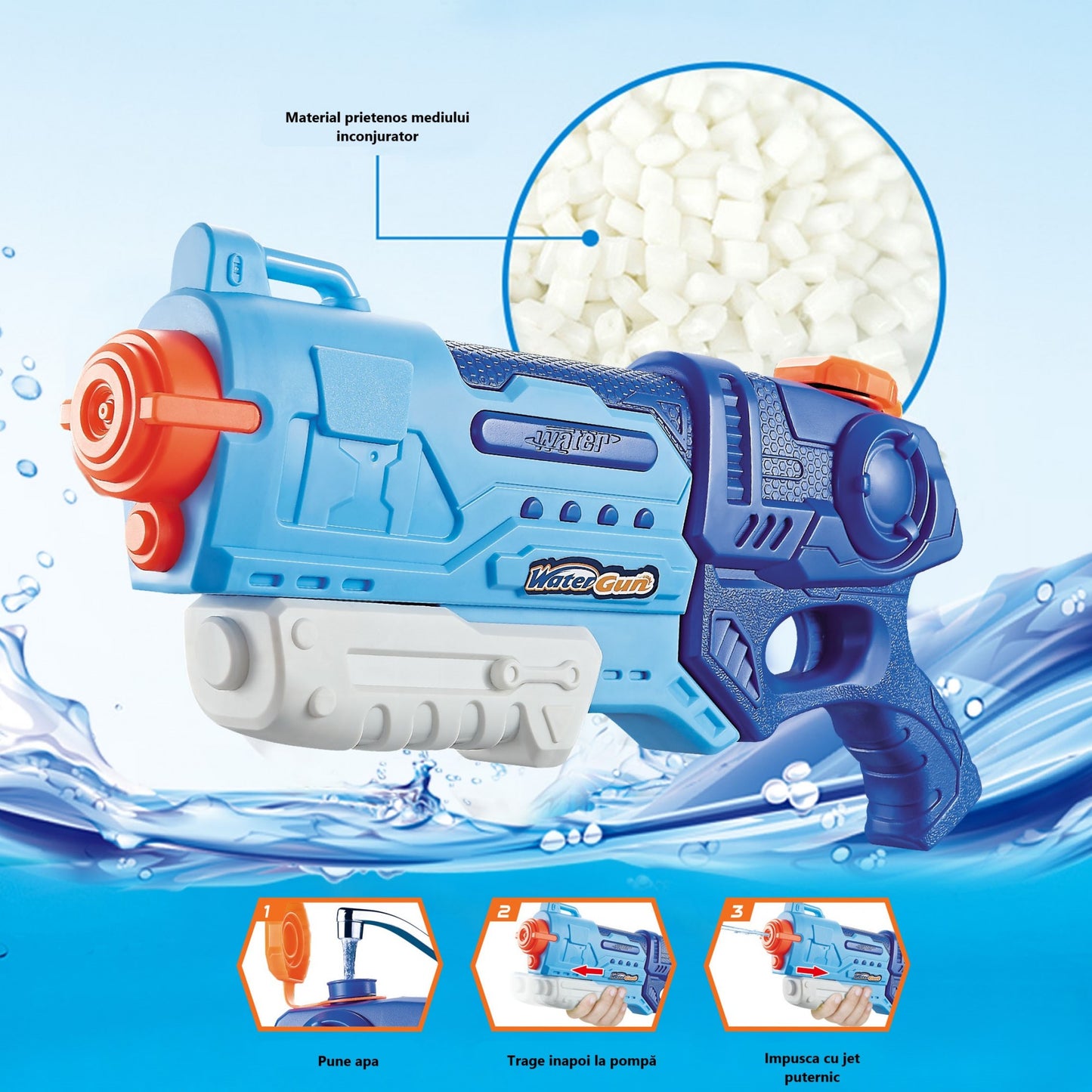 Pistol cu Apa pentru Copii, Rezervor, Pentru Piscina/Plaja, Selexmo, 6ani+, Albastru, 990ML