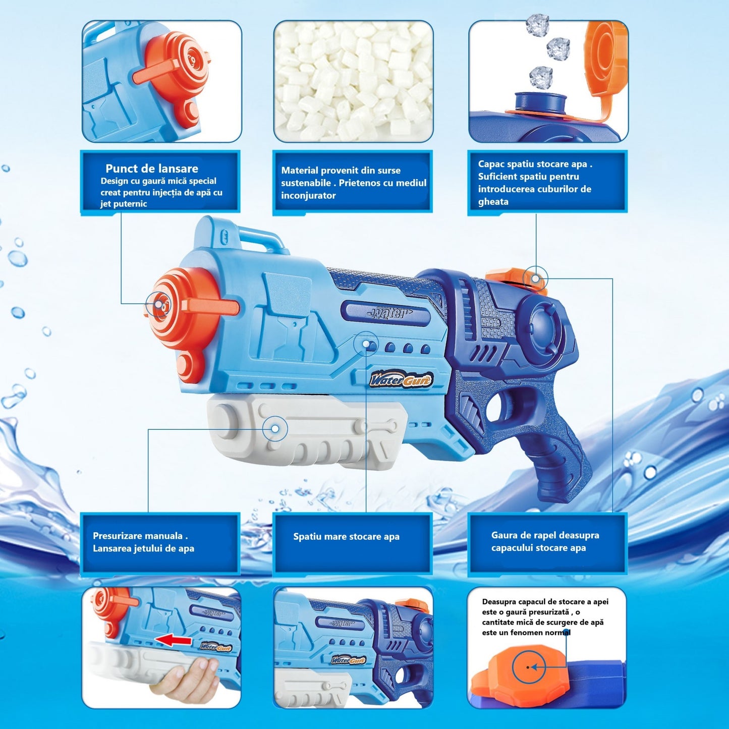 Pistol cu Apa pentru Copii, Rezervor, Pentru Piscina/Plaja, Selexmo, 6ani+, Albastru, 990ML