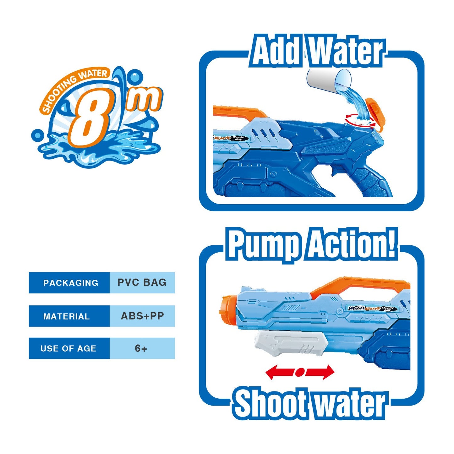 Pistol cu Apa pentru Copii, Rezervor, Pentru Piscina/Plaja, Selexmo, 6ani+, Albastru, 1500ML